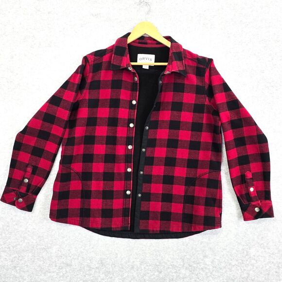 Orvis Womens XL Red Black Buffalo Check Plaid Flannel Fleece Lined Shacket Shirt - Picture 3 of 10